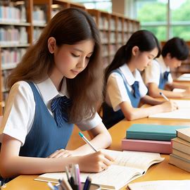 図書館で勉強をしている中学生